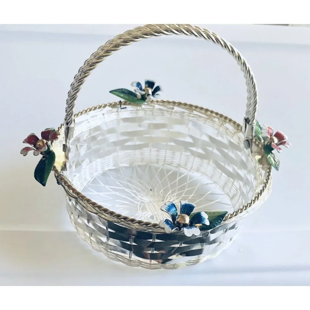 Vintage Hand Woven‎ Wire Basket Silver Plated Pretty Flowers Gift- NIB